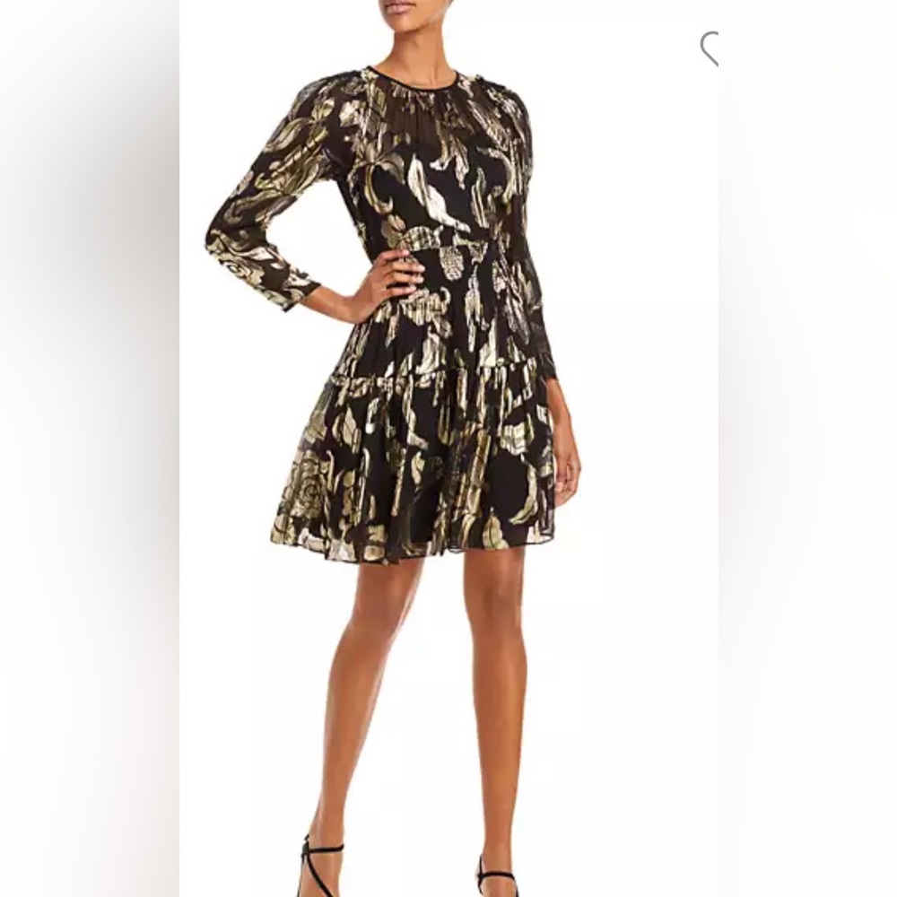 Women's Rebecca Taylor Datura Metallic Black And Gold Silk Chiffon Dress. Size 0